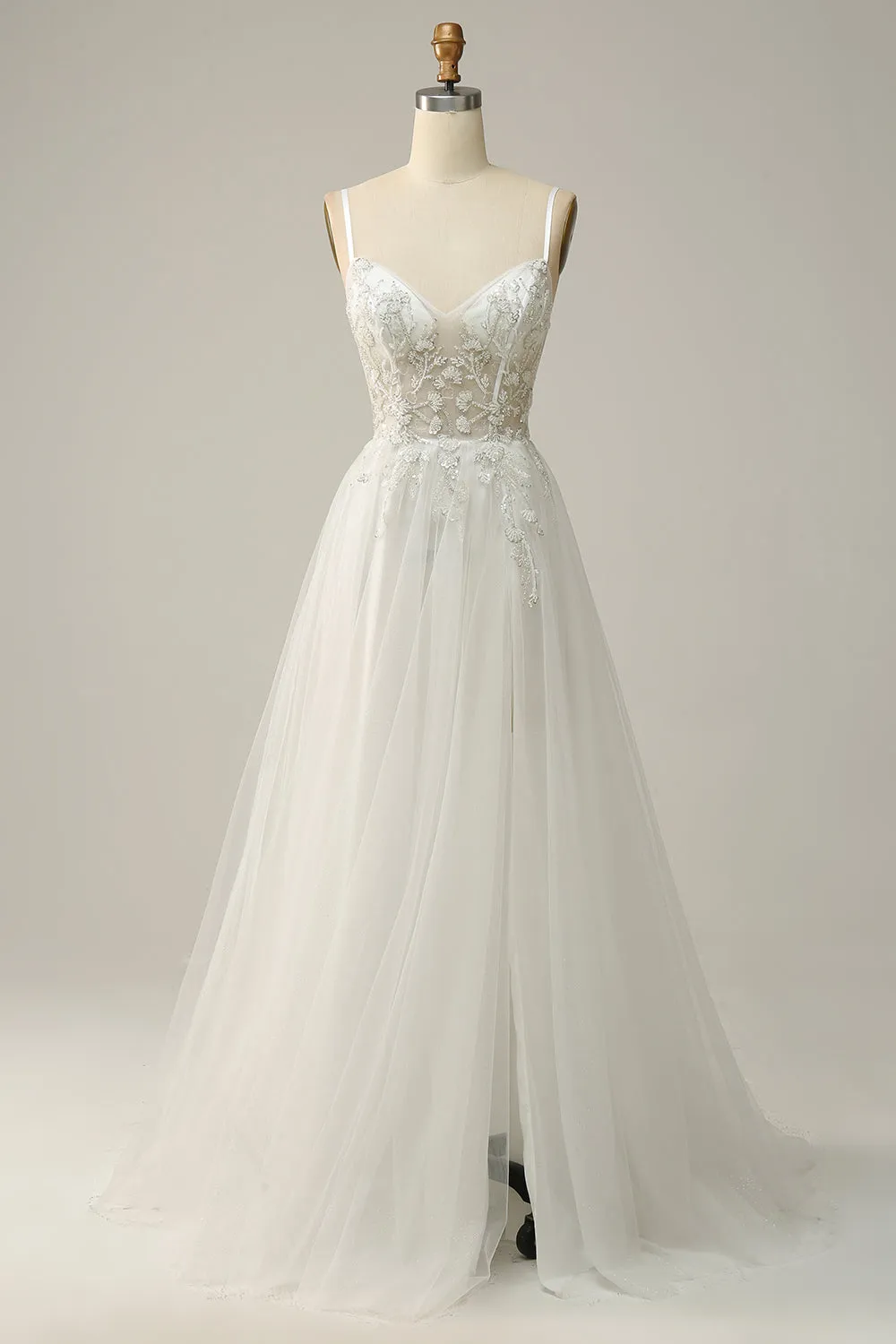 A Line Spaghetti Straps White Long Bridal Dress with Appliques