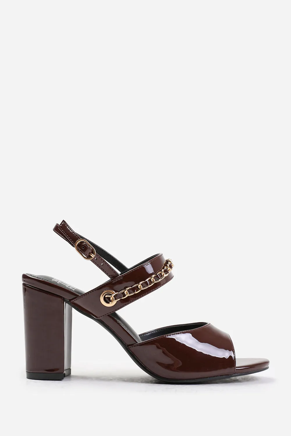 AUDRA MID BLOCK HEELS WITH CHAIN DETAILING IN OXBLOOD PATENT