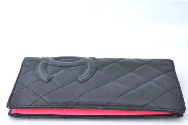 Auth CHANEL Calf Skin Cambon Line Matelasse CC Logo Long Wallet Black Box J0515