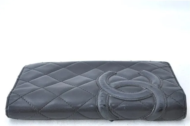 Auth CHANEL Calf Skin Cambon Line Matelasse CC Logo Long Wallet Black Box J0515