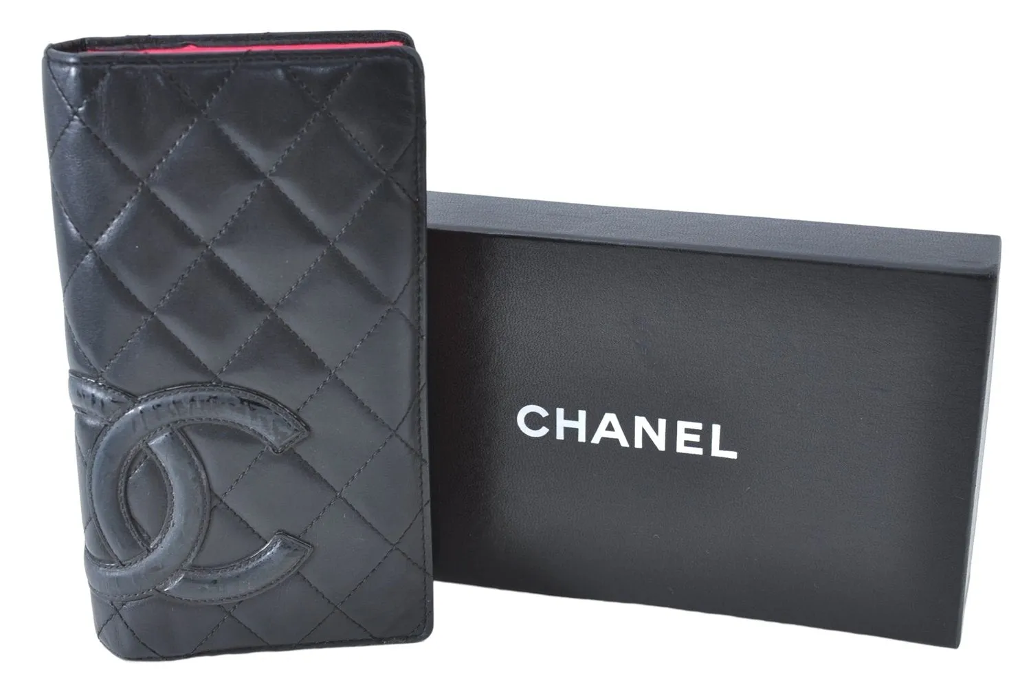 Auth CHANEL Calf Skin Cambon Line Matelasse CC Logo Long Wallet Black Box J0515