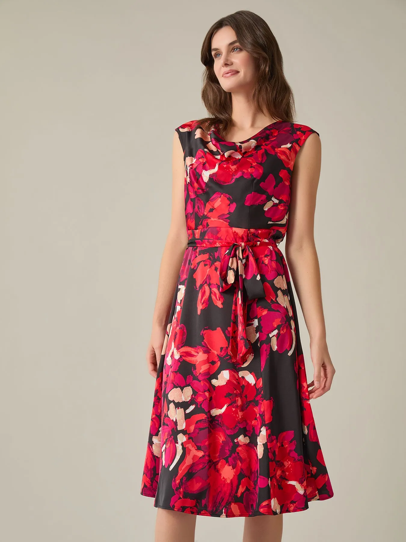 Cowl Neck Fit-and-Flare Dress, Floral Satin