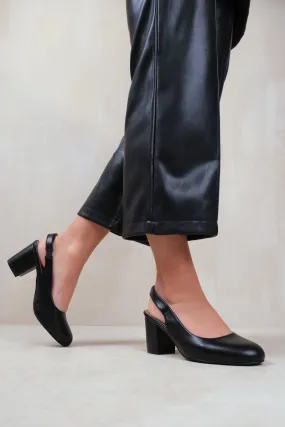 EDITH WIDE FIT BLOCK HEEL SLINGBACK SHOES IN BLACK FAUX LEATHER