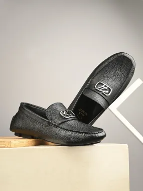 Hitz Men's Black Leather Casual Loafers