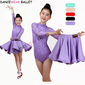 New Girls Latin Dance Skirt Ballroom Salsa Tango Skirts Kid Child Lace Latin Dance Split Dress With Leotard And Skirt