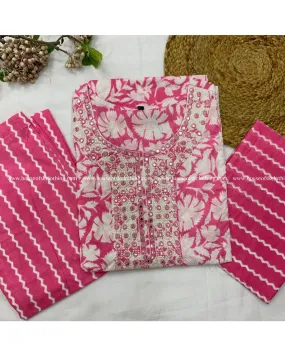 Pink White Cotton Kurta Set