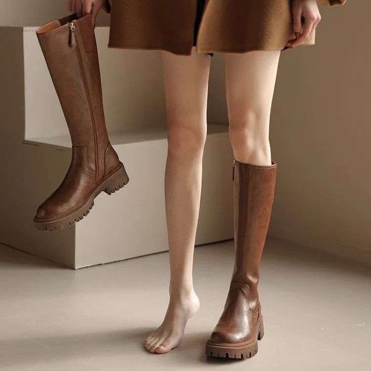 Riding Boots for Women in Black/Brown Leather - Chunky Sole Tall Boots