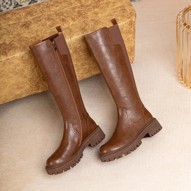 Riding Boots for Women in Black/Brown Leather - Chunky Sole Tall Boots