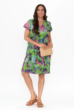 Sabina Turquoise Leaf Crinkle Cotton Dress