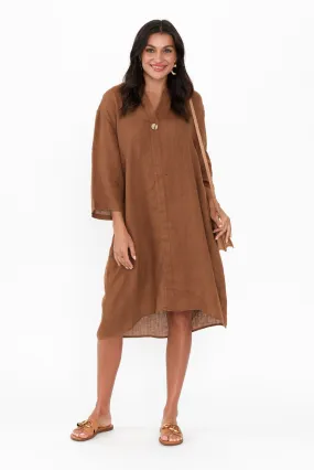 Sian Mocha Linen V Neck Dress