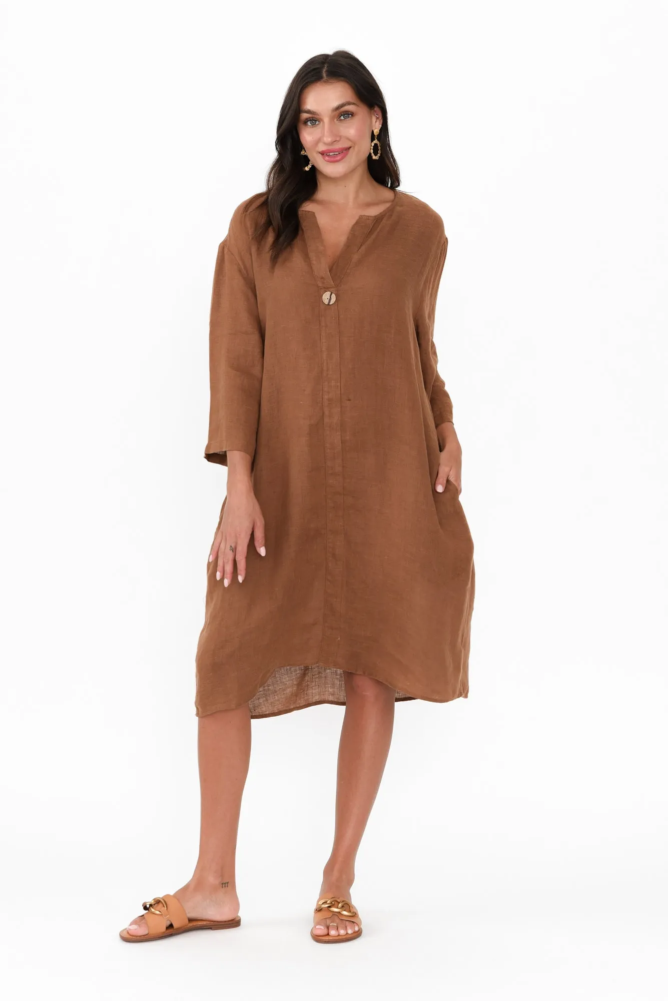 Sian Mocha Linen V Neck Dress